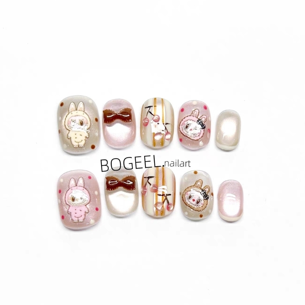 Labubu The Monsters Press On Nails Kawaii Pink & Brown 3D Bow NailArt Size Small - Picture 5 of 10
